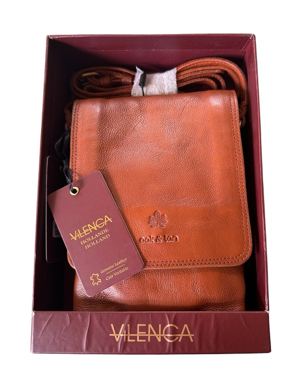 Oak & Tan Linzia Genuine Leather Crossbody Bag in Cognac Brown by Vilenca